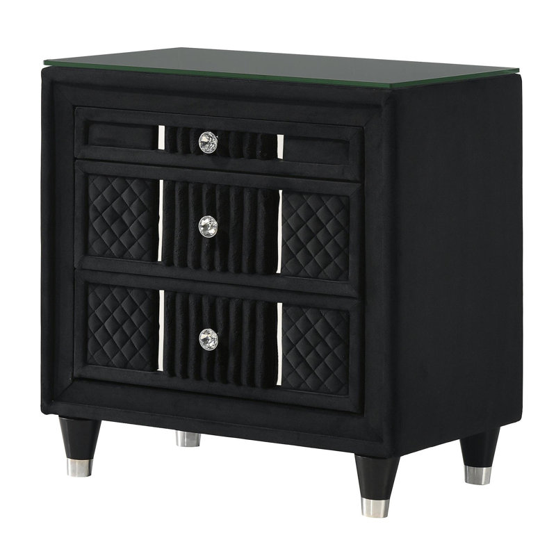 Table de chevet contemporaine en velours noir avec revêtement texturé luxueux