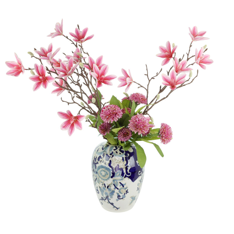 Magnolia and Dahlia Arranged in a Decorated Ceramic Vase