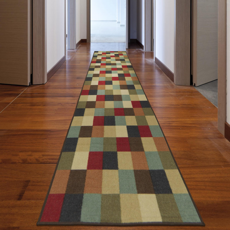 Contemporary Checkered Multicolor Low Pile Runner Rug, 84"L x 22"W