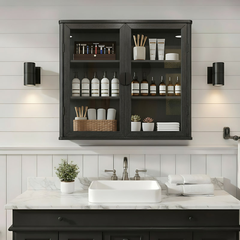Tempered Glass Display Wall Storage Cabinet,Bathroom Wall Cabinet, Noir