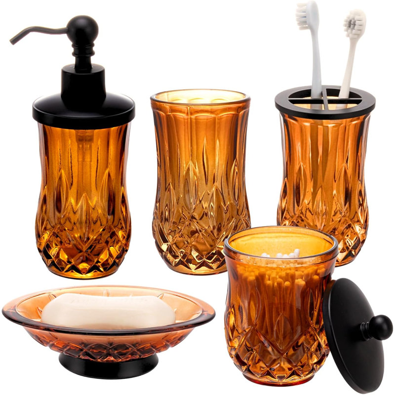 Ensemble d'accessoires de salle de bain en verre 5 pièces, ambre, rond
