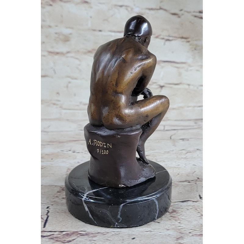 The Thinker Thinking Man By Auguste Rodin Bronze Desktop Statue Sculpture Figure 6" X 4"