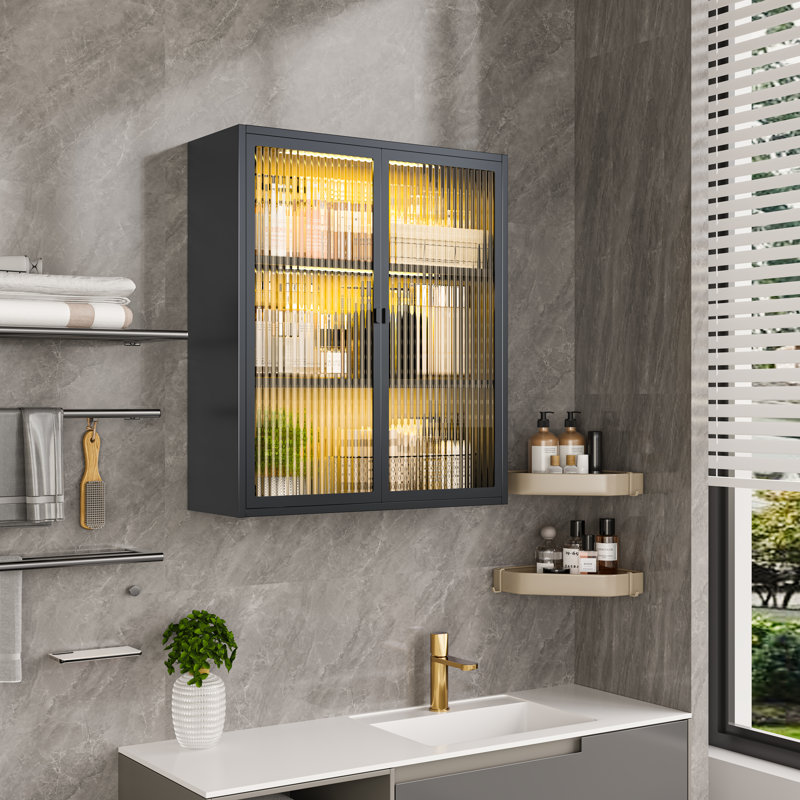 Medicine Cabinet with Fluted Glass Doors, Over Toilet Storage Cabinet with Sensor Light, Bathroom Wall Mounted Metal Organizer for Bathroom and Kitchen (Black)