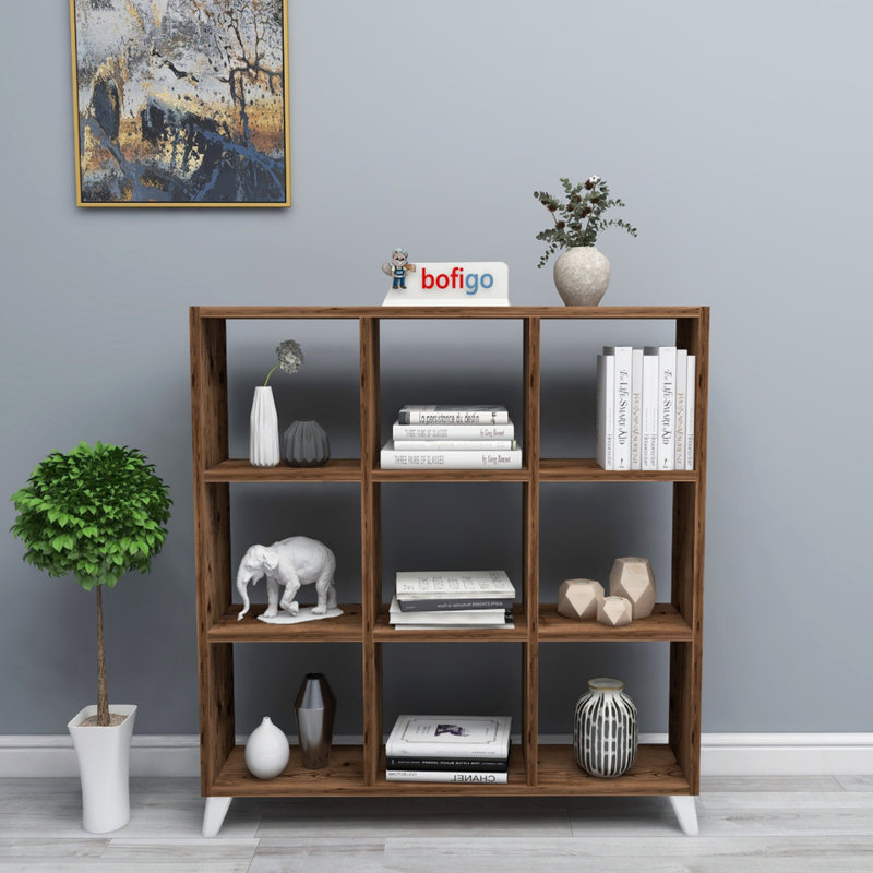 9 Cube Square Bookcase With Legs Cabinet Storage Shelving Display Wood Shelf, Burnt Oak