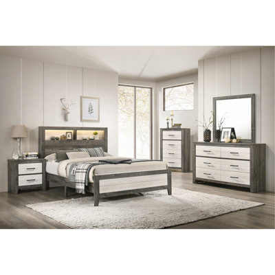 Ruthe Low Profile Panel Bed With Built-In Lights, Ash Gray Wood