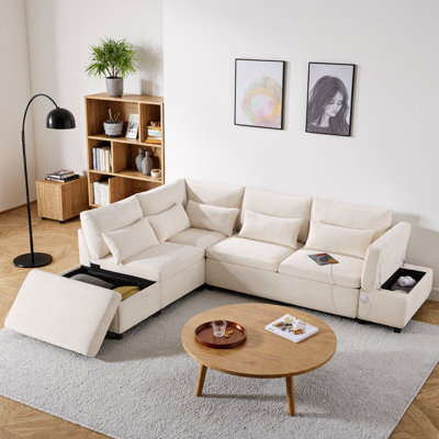 Pull-Out Queen Bed, Adjustable USB-C Armrest, Movable Storage Ottoman, 5 Lumbar Pillows, 6-Seat L-Shape, Apartment-Sized Luxury