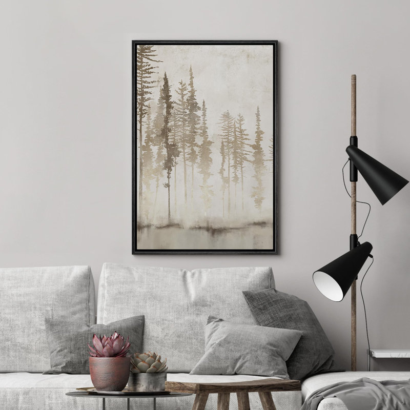 Forêt enchantée, brume sépia, arbres, art moderne, décor floral, botanique minimal, Cadre flottant noir, H 36 po x l 24 po