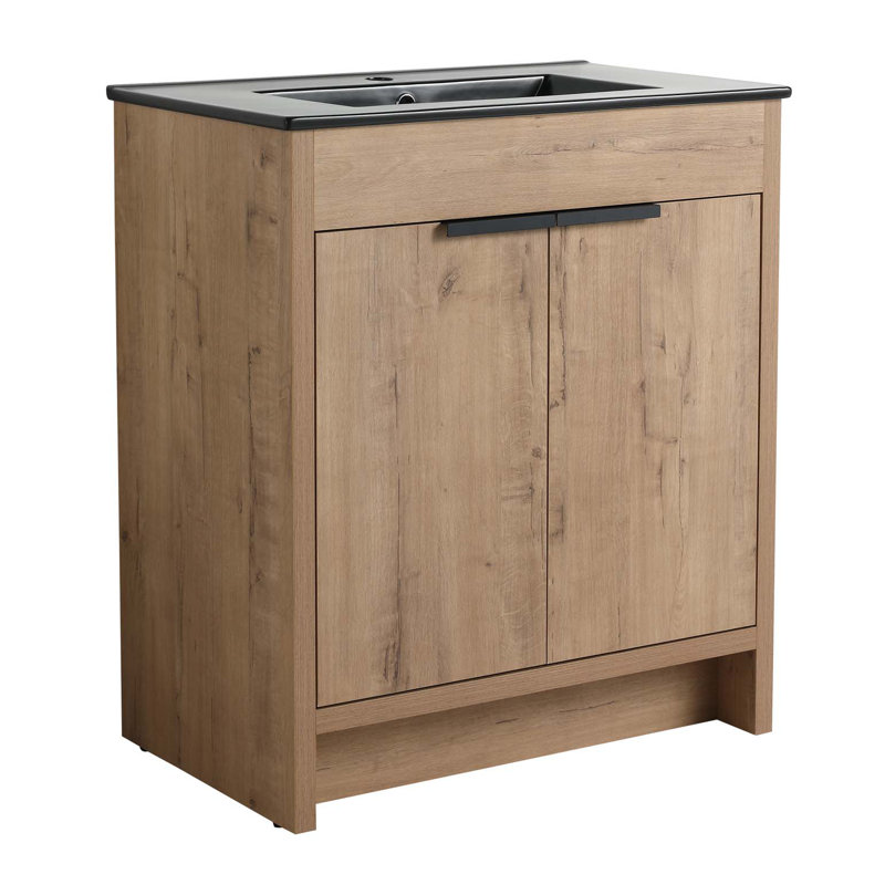 Meuble-lavabo autoportant avec lavabo en céramique et 2 portes d'armoire à fermeture en douceur