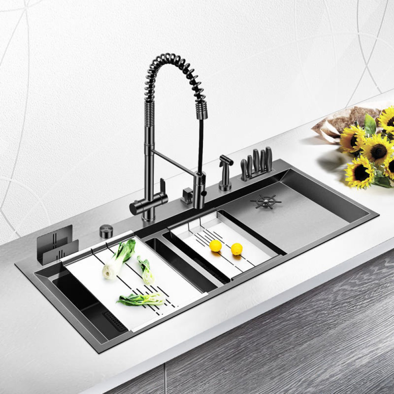 Deera 45.5" Complete Workstation Luxury Stainless Steel Sink – Integrated Knife Holder, Cup Rinser, Soap Dispenser, Pullout Faucet, Drying Board & Control Knob