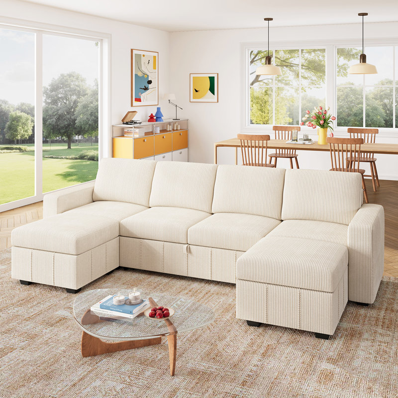 Abramson U Shaped Sleeper Sectional Sofa Bed With Storage Space, Beige Corduroy