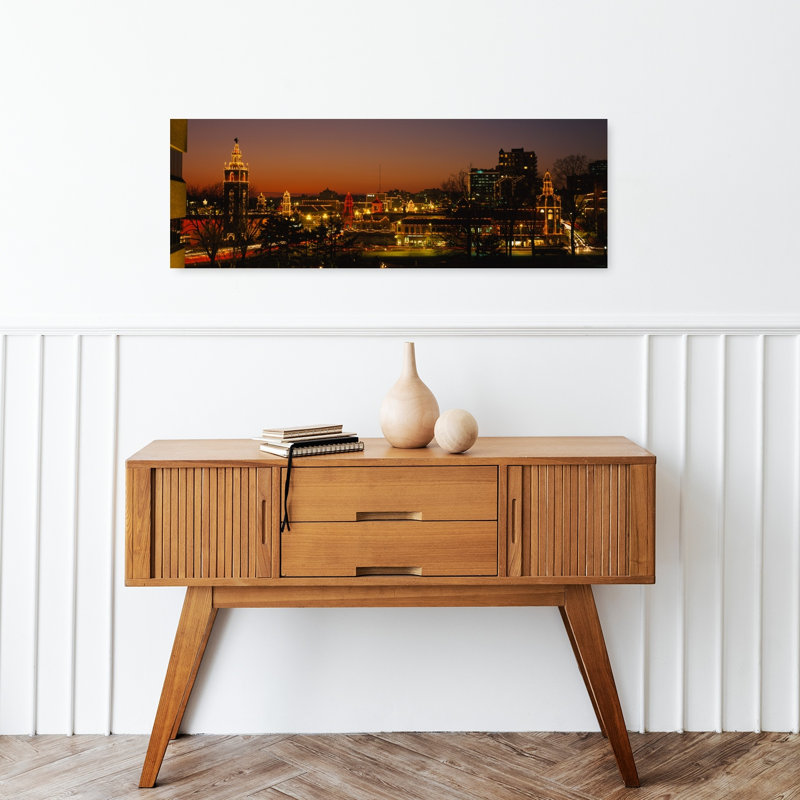 Buildings Lit Up At Night La Giralda Kansas City Missouri USA by Jim Millay - Wrapped Canvas Panoramic Print