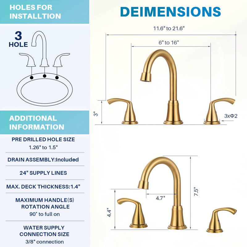 Widespread 2-handle Bathroom Faucet with Drain Assembly, Gold