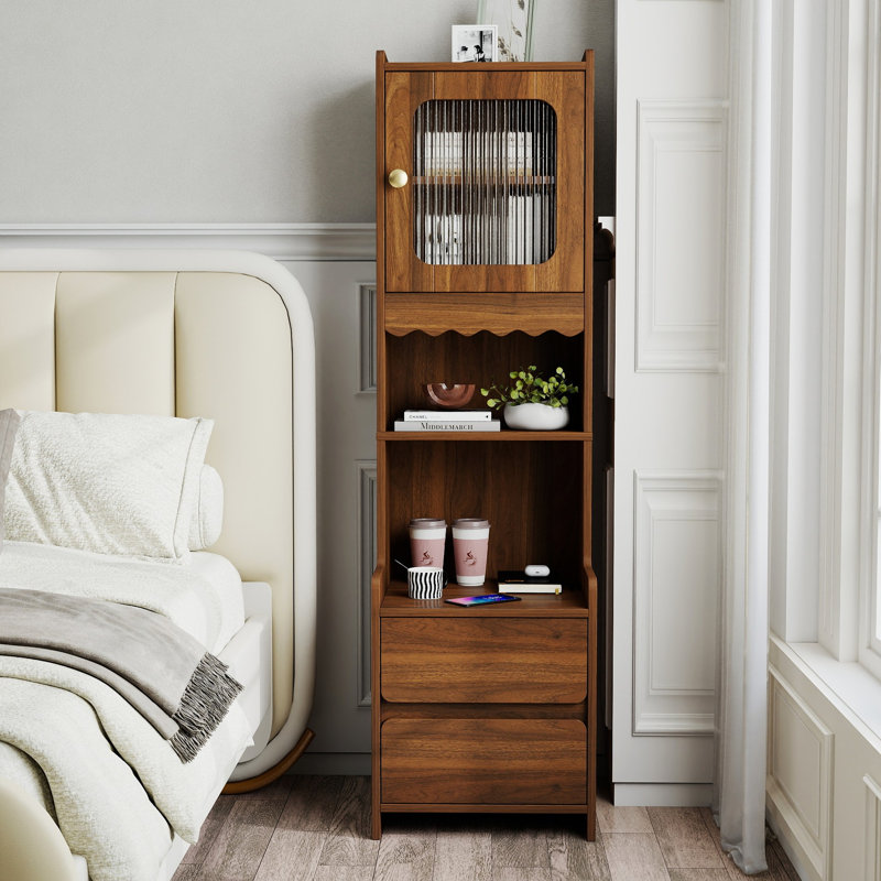Table de chevet moderne Mid-Century avec tablettes ouvertes et 2 tiroirs, table de chevet et bibliothèque en bois de noyer pour la chambre à coucher et le salon