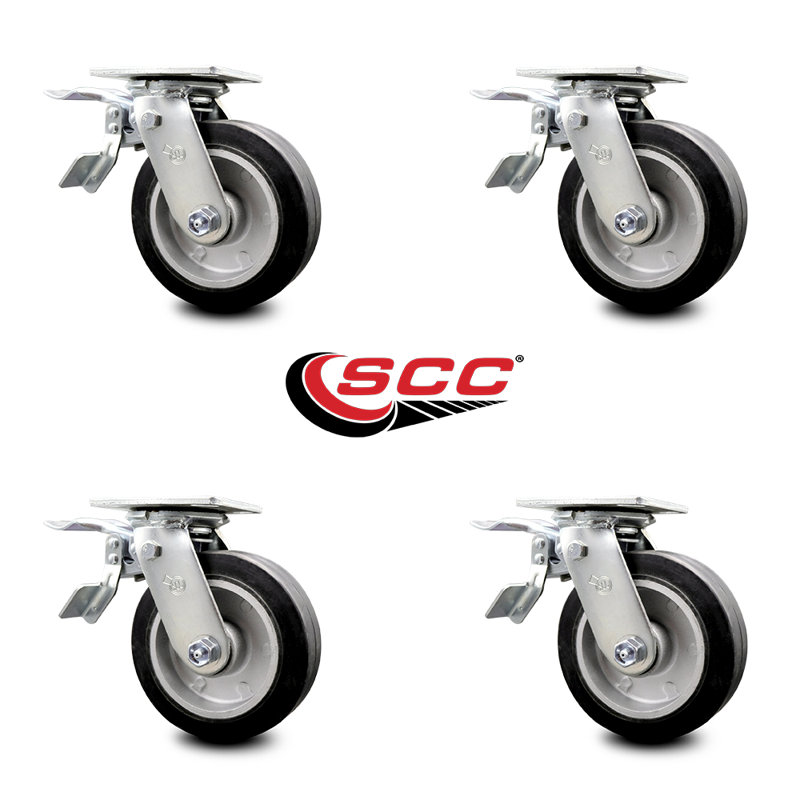 6 Inch Rubber on Aluminum Caster Set with Roller Bearing and Total Lock Brake