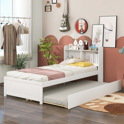 Lit avec lit gigogne et bibliothèque, conception peu encombrante pour les petites chambres à coucher, finition blanche
