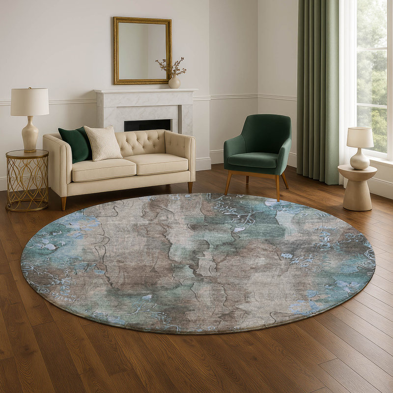Premium Machine Washable Mayfield AMF1869 Floral Rug, Round 8'