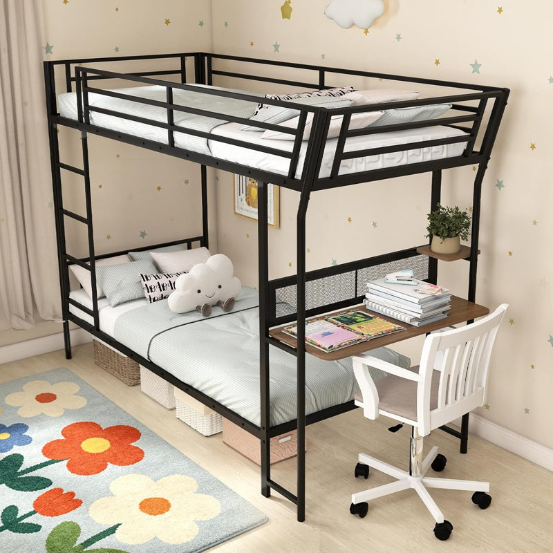 Bunk Bed Single over Single Loft Bed with Wooden Tabletop & Shelf