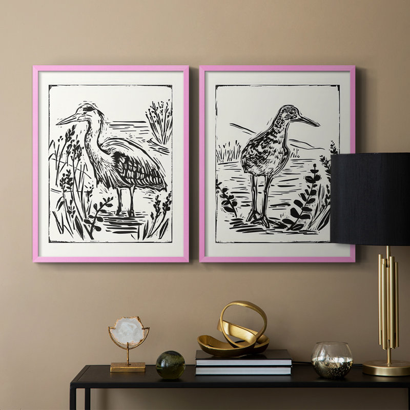 Linocut Style Seabird I-Premium Framed Print -Ready to Hang - No Nails Required - No Nails Required, Pink, 11" H x 18" W