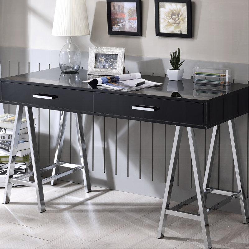 Bureau rectangulaire contemporain avec 2 tiroirs de rangement, noir brillant et 2 tiroirs de rangement