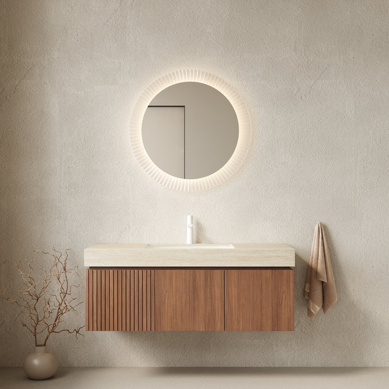 Meuble-lavabo mural 48 po avec lavabo, plateau en pierre frittée à motif de travertin, rangement à fermeture en douceur et finition chêne clair