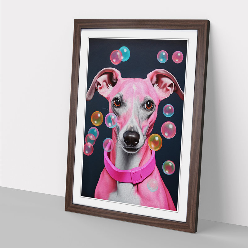 Whippet Bubble Gum Painting No.2 Framed Print, 64cm H x 46cm W x 2cm D, Walnut 