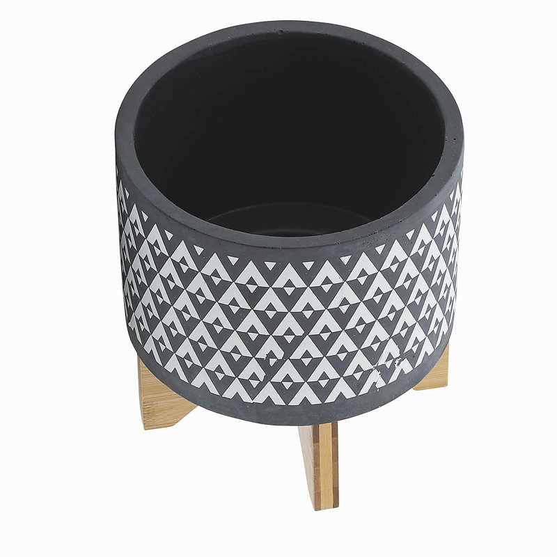 Ceramic 8" Aztec Planter on Wooden Stand, Gray, 9" H x 8" W x 8" D