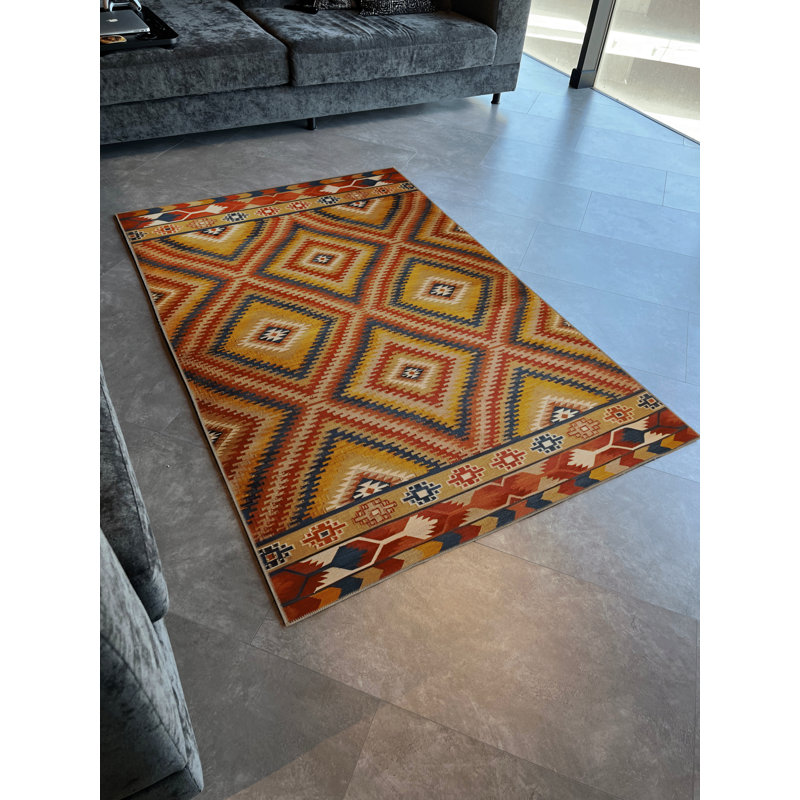 Tapis décoratif multicolore à motif géométrique de forme rectangulaire jaune, Rectangle 3 pi 9,81 po x 4 pi 11,06 po