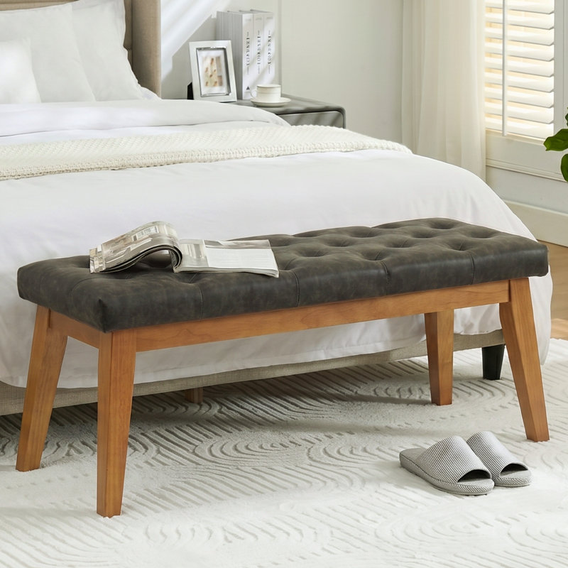 Banc rembourré en similicuir de 43,3 po avec pieds en bois massif, Gris anthracite