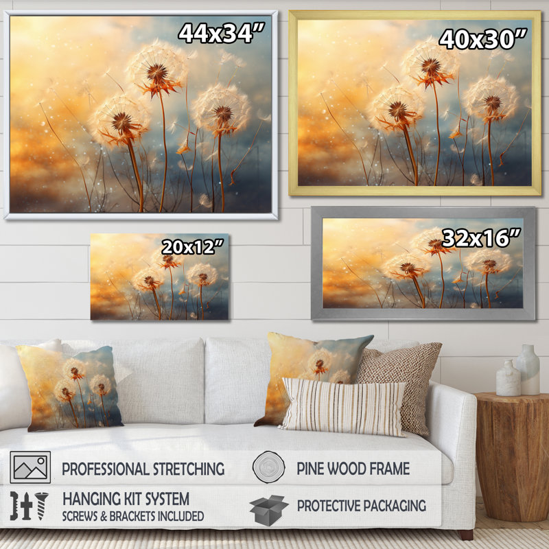 Orange Dandelion Dreams II - Floral Wall Art Prints, H 34 po x l 44 po x P 1,5 po, Cadre doré à une seule photo