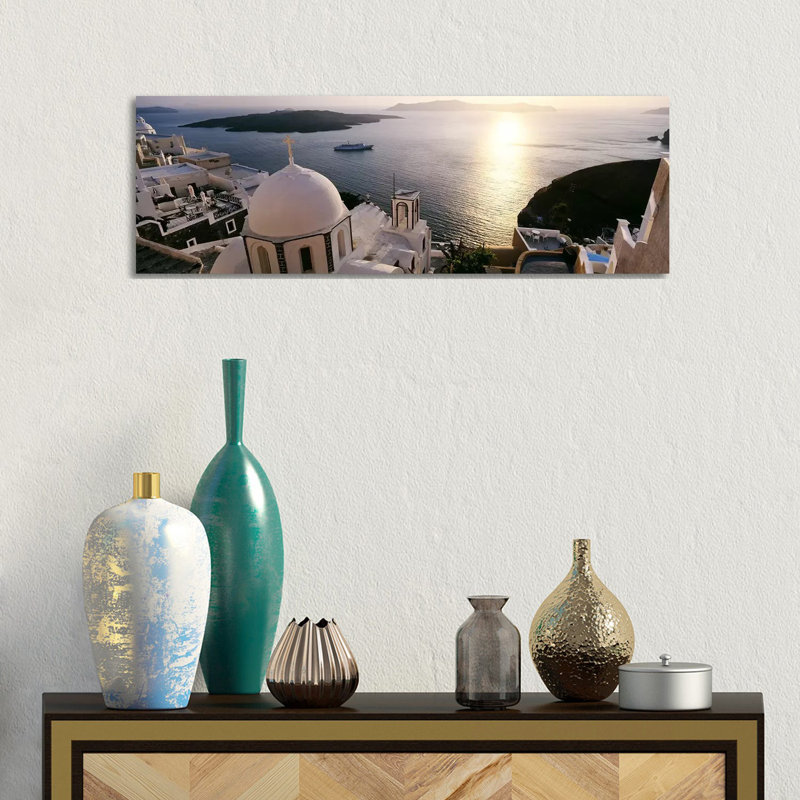 High Angle View Of Buildings In A City, Santorini, Cyclades Islands, Greece - Wrapped Canvas Panoramic Print