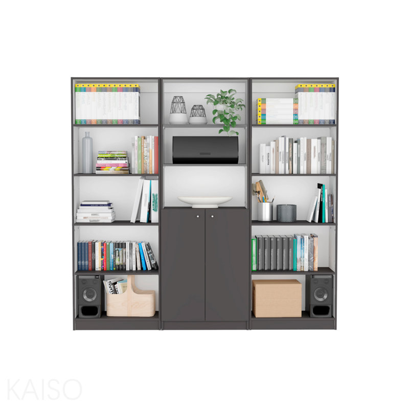 Ensemble de bibliothèque 3 pièces, 74 po de largeur avec 13 tablettes et 2 portes, ensemble de salon gris mat / blanc