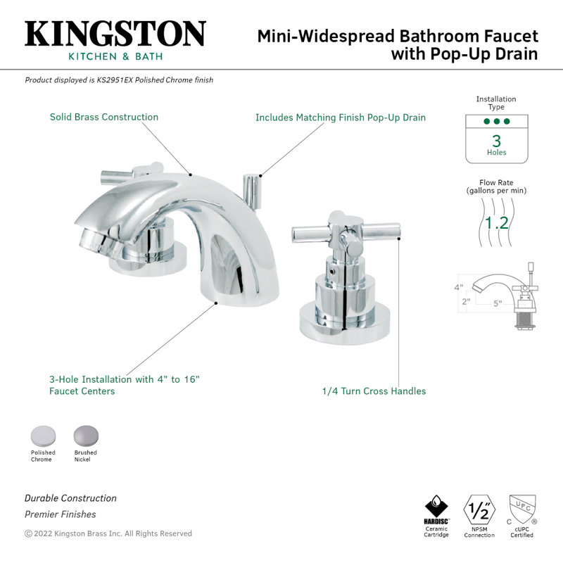 Kingston Brass Two-Handle 3-Hole Deck Mount Mini-Widespread Bathroom Faucet with Brass Pop-Up, Brushed Nickel