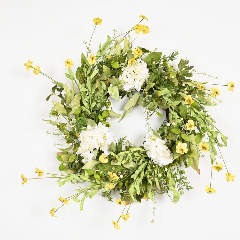 26" Spring Front Door Hydrangea Wreath, Green/White