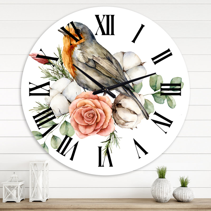 Robin des bois avec rose et feuilles de coton - Horloge murale traditionnelle, Moyenne