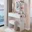 Table de coiffeuse ronde à miroir DEL avec tabouret rembourré et centrale électrique-113847150