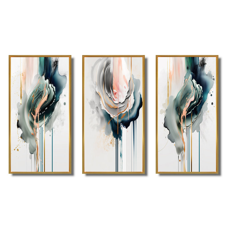 «Green Elegant Roses», 3 pièces sur toile, Cadre flottant doré, H 40 po x l 60 po