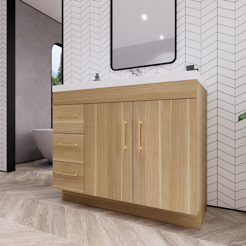 42'' Single Bathroom Vanity with Acrylic Top, Champagne Oak