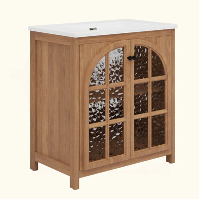 Meuble-lavabo Farmhouse avec lavabo en céramique, armoire de salle de bain rustique rétro avec poignées en bronze et 2 portes à fermeture en douceur