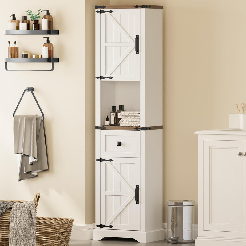 66" Tall Farmhouse Bathroom Storage Cabinet, White/Brown