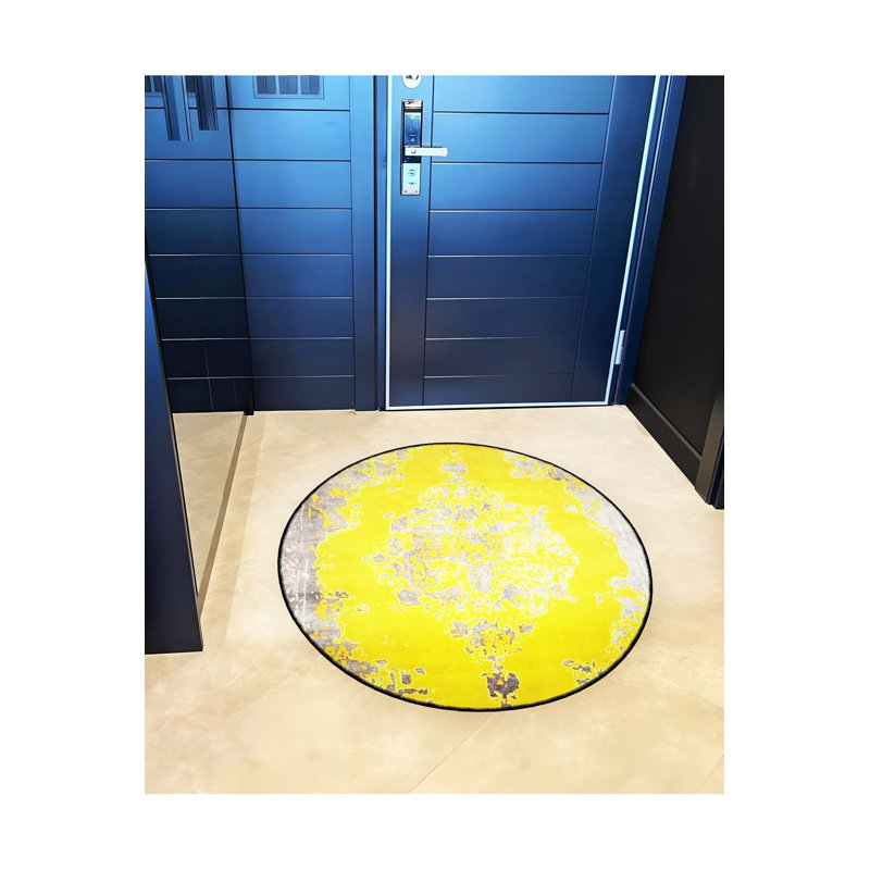 Tapis jaune lavable à motif rond jaune, Sous-tapis rond 3 pi 3 po inclus