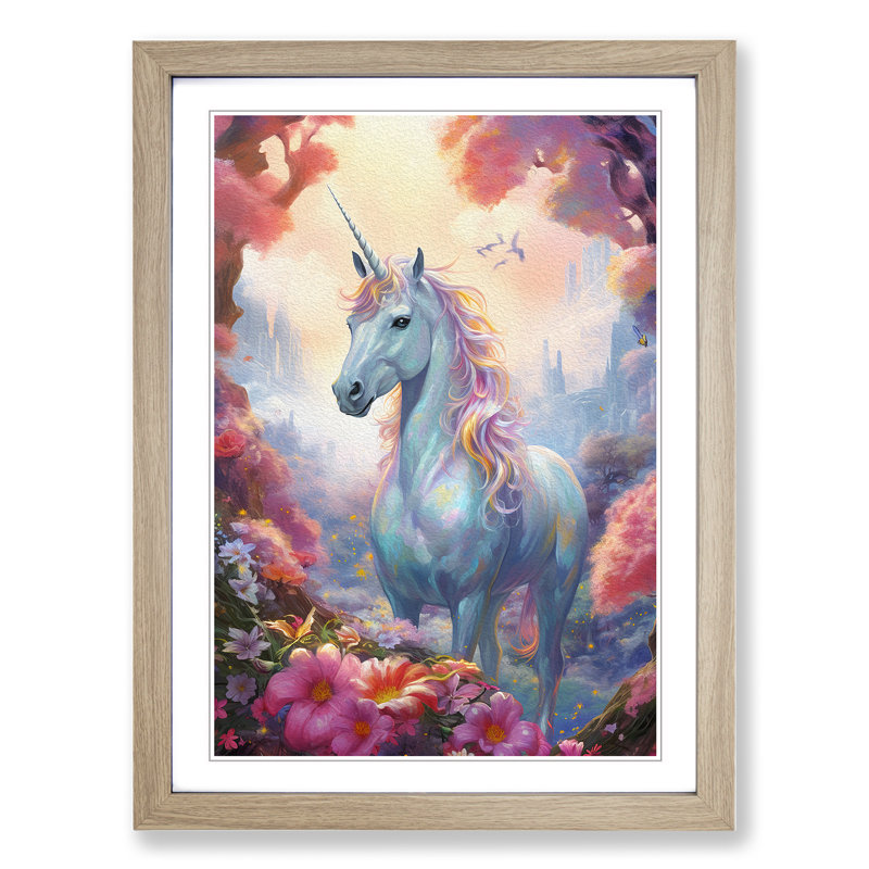 Unicorn Tachisme - Single Picture Frame Print on Wood, Oak Framed, 64cm H x 46cm W