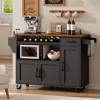 47'' Kitchen Island with Microwave Shelf, Power Outlet and Drop Leaf Rolling Kitchen Cart with Drawer and Wine Rack