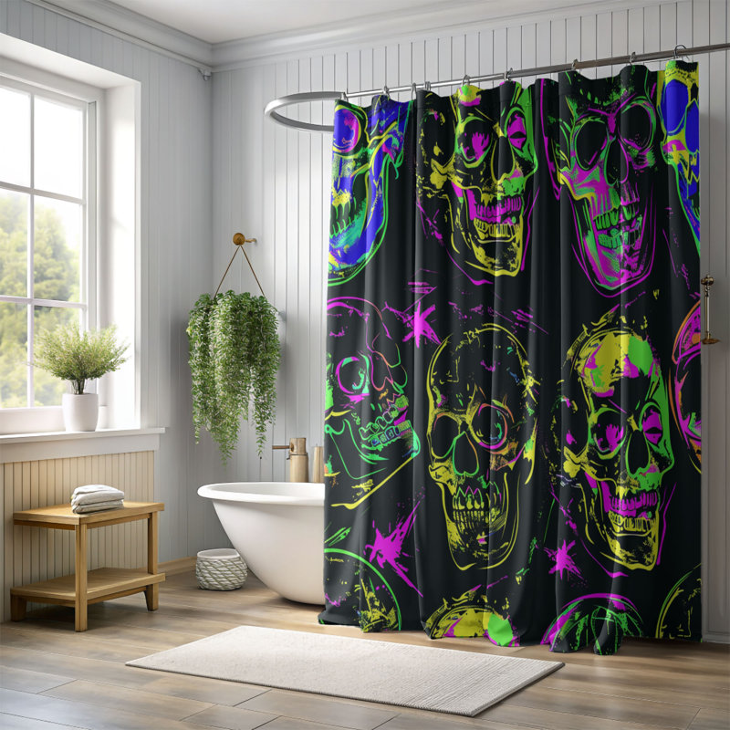 Rideaux de douche standard 1 pièce Fluorescent Skulls, H 74 po x l 71 po