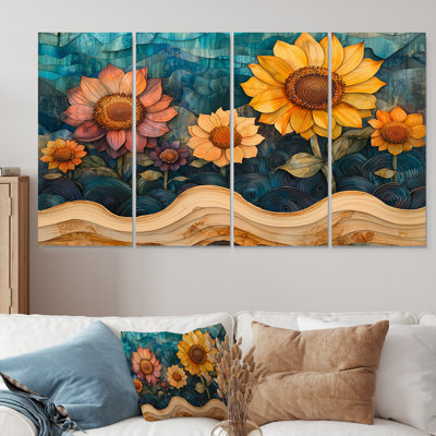 Donzell - Art mural de tournesols - Art mural traditionnel pour le salon, 4 pièces
