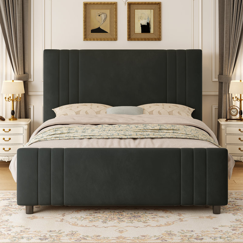Velvet Upholstered Platform Bed with Tall Channel-Tufted Headboard and Footboard, Kingsize (5'), Black