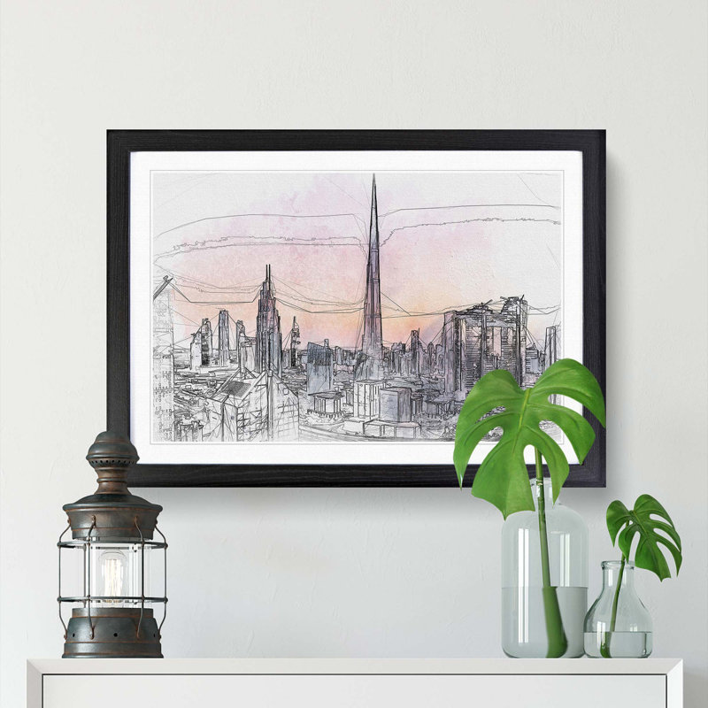 Dubai Skyline in Abstract - Picture Frame Graphic Art Print, 48cm H x 65cm W x 2cm D, Black Framed