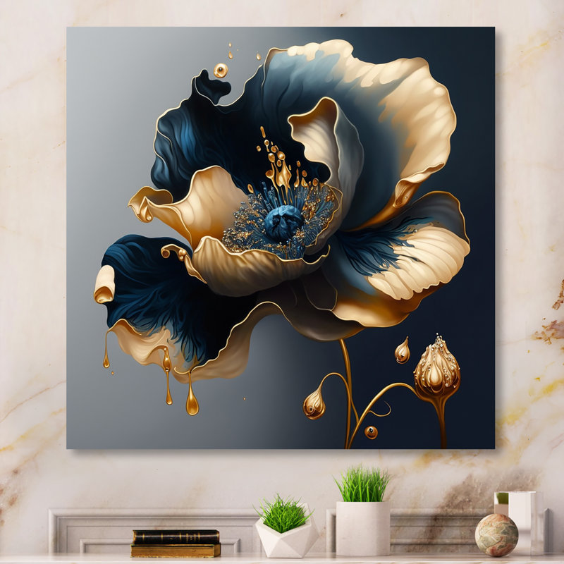 Impression d'art mural en métal «Deep Blue and Gold Single Flower II - Rose», H 36 po x l 36 po x P 1 po
