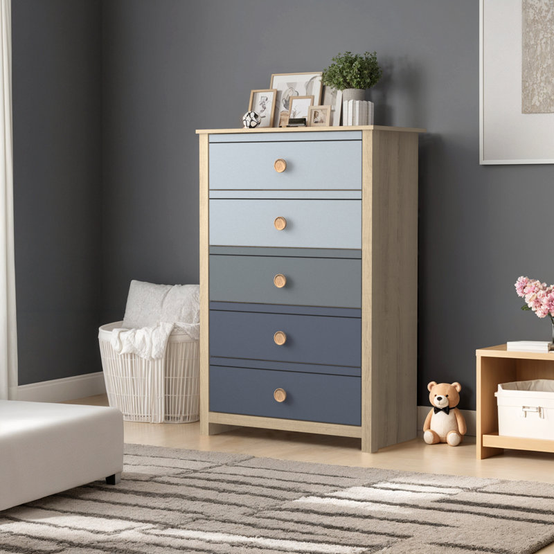 Bustillo 30.7'' Wide 5 -Drawer Chest, Oak/Gray/Navy