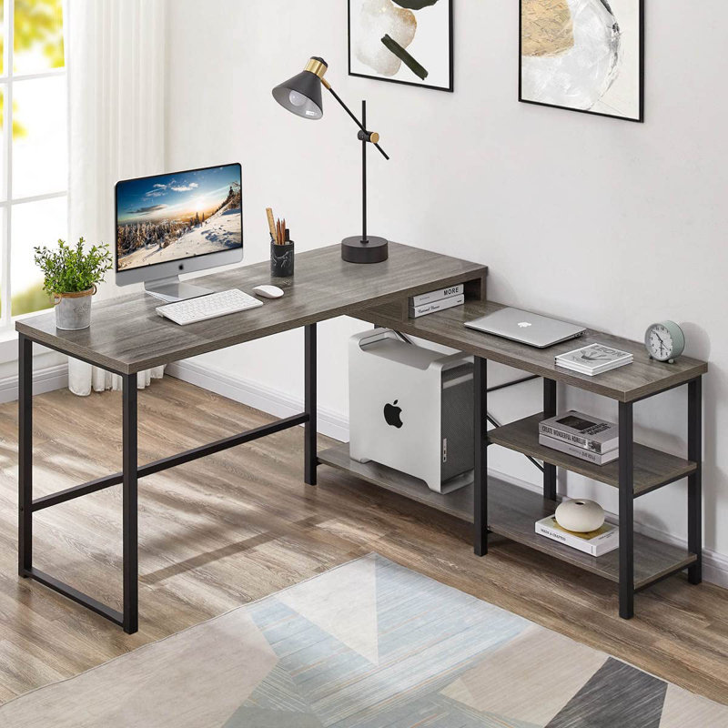 Bohannon L-Shaped Metal Base Computer Desk, Grey