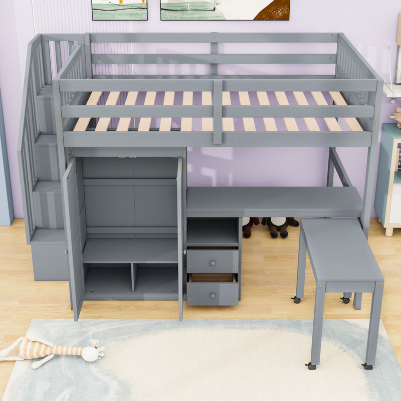 Wooden Loft Bed With Built-In-Desk And Stairs, Gray, Full